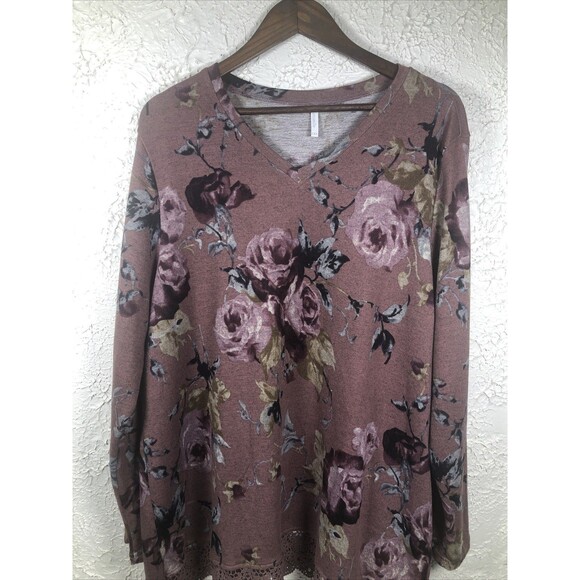 Netsmile Pink Top Lace Hem Plus Sz 2X V neck Cottagecore Romantic Floral Boho - Picture 2 of 9